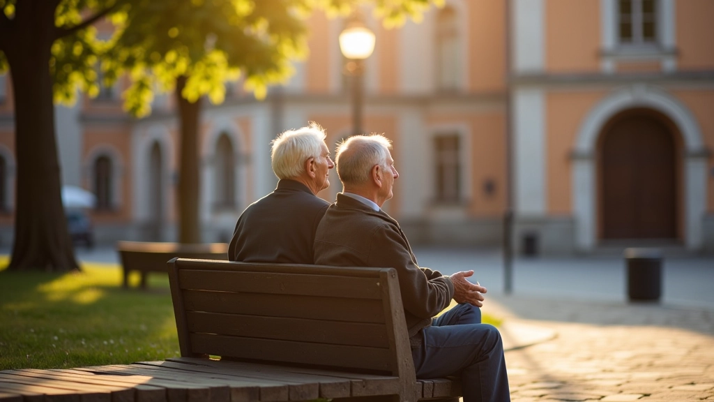 Seniori sēž uz sola Vecpilsētas laukumā, baudot dienas karstumu un vēsumu no ēkas ēnas