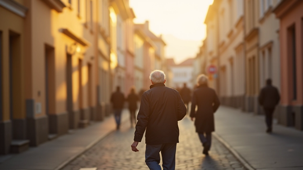 Seniora pastaiga Vecpilsētas ielās skaistā pavasara rītā ar sauli