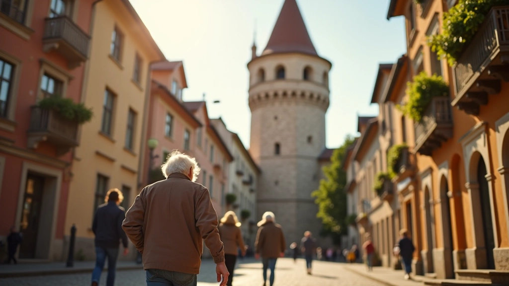 Pastaigātāji Pulvertorņa tuvumā Vecpilsētas ielas priekšā, vasaras saulainā dienā